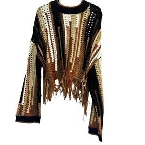 Papermoon – Brown and Black Fringe Cropped Sweater – M